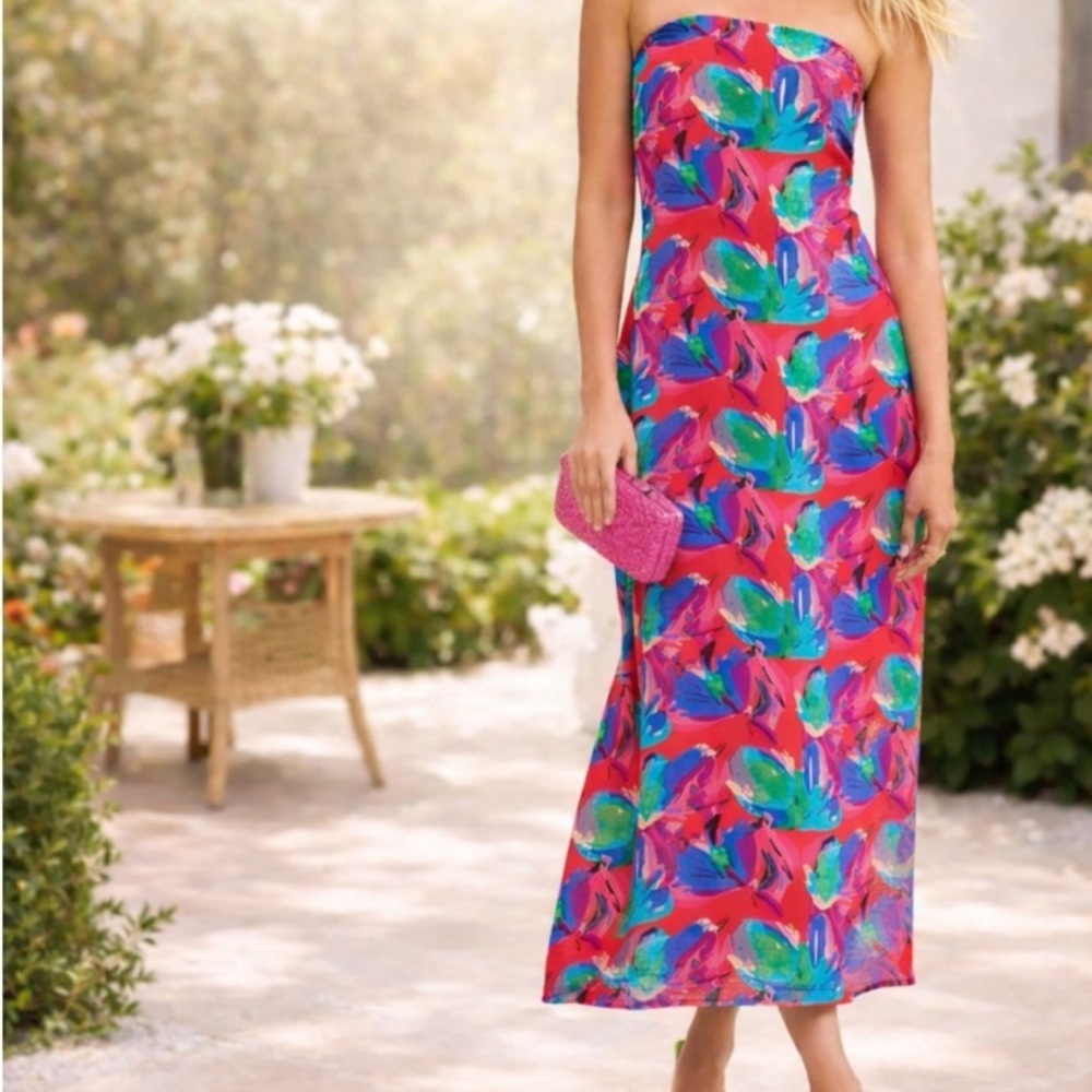 Ollari New York - Colorful Strapless Maxi Dress in Vibrant Floral Print